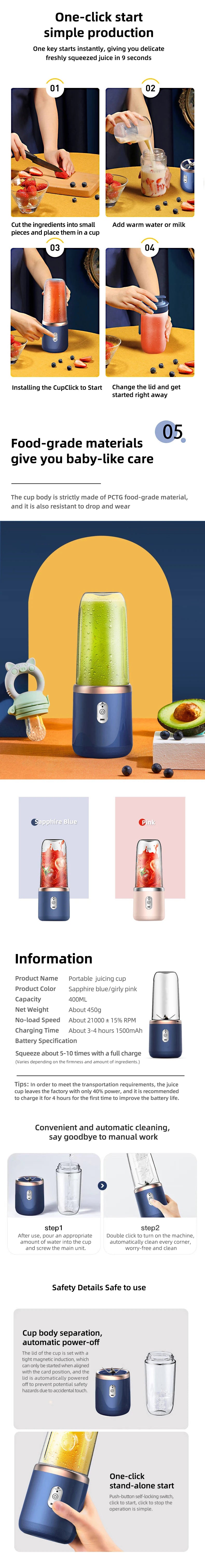 Electric Portable Juicer Blender 400ml USB Charging Fruit Smoothie Maker for Lemon Orange - Compact Juicing Cup Smoothie Blender