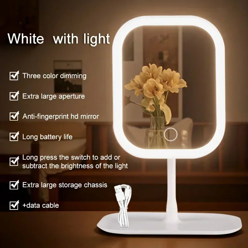 Makeup Mirror with 3 Colors LED Light Dimmable Touch Screen Vanity Mirrorr 270-degree Rotation Adjustable Portable Travel Mirror